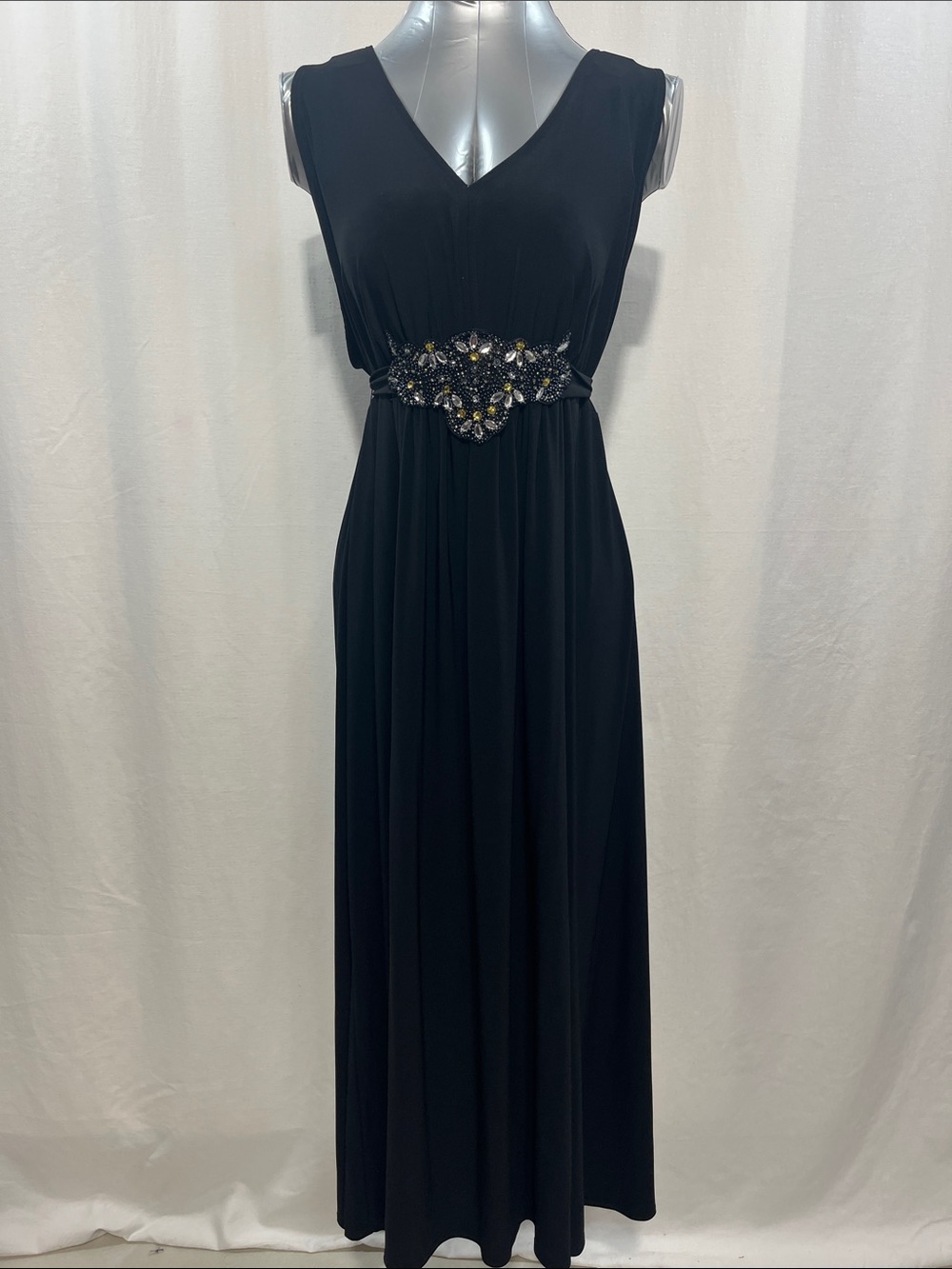 R&M Richards Black V-Neck Maxi Gown with Beaded Waist and tie back wedding 1255